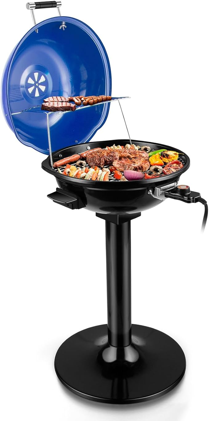 Electric Grill, Techwood Indoor/Outdoor Electric BBQ Grill, 1600W Portable Removable Stand Grill with Adjustable Heat & Drip Tray, Double Layer Design for Party, Patio & Backyard (Blue)