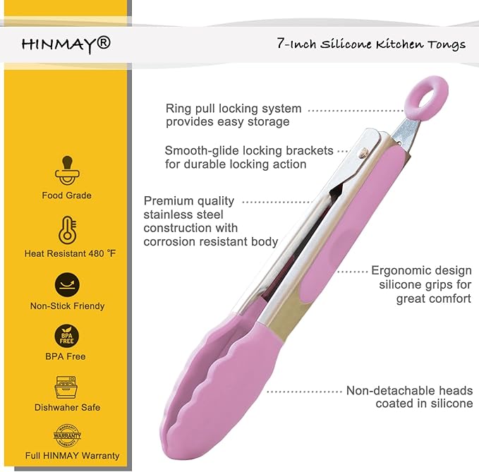Small Serving Tongs with Silicone Tips 7-Inch Mini Tongs, Set of 3 (Pink)