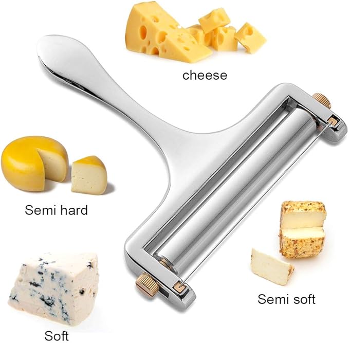 NANEEZOO Cheese Slicer, Adjustable Thickness Heavy Duty Stainless Steel Cheese Slicers With Wire for Soft & Semi-Hard Cheeses - 4 Replacement Stainless Steel Cutting Wire Included (Silver)
