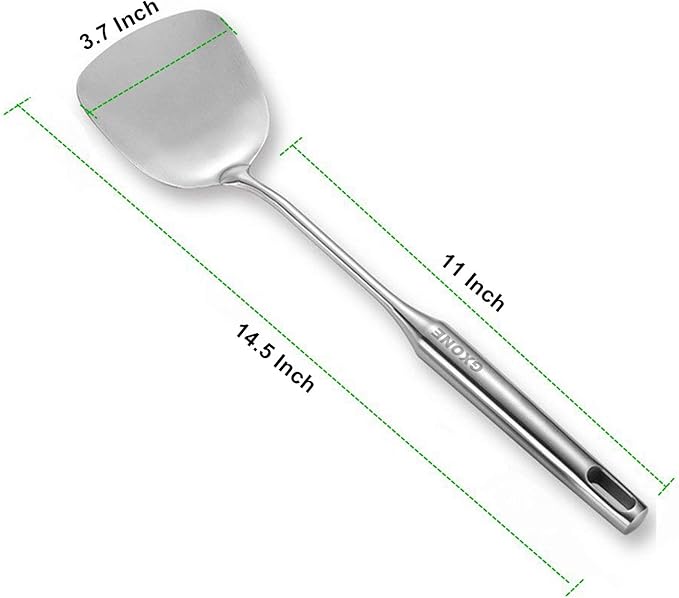 Wok Spatula Stainless Steel, Wide Metal Spatula with Hollow Long Handle Wok Utensils,Silver/14.7Inch