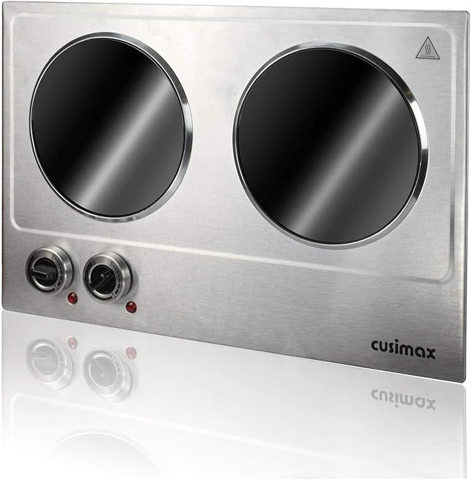 CUSIMAX 1800W Ceramic Electric Hot Plate for Cooking, Dual Control Infrared Cooktop, Double Burner, Portable Countertop Burner, Glass Plate Electric Cooktop, Silver, Stainless Steel-Upgraded Version