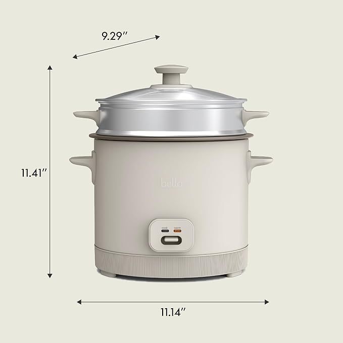 bella 16 Cup Rice Cooker with Steamer, Dishwasher Safe Steaming Basket, Rice Paddle and Measuring Cup, Removable Nonstick Cooking Bowl, Automatic Keep Warm Function, 400 Watt, Oatmilk