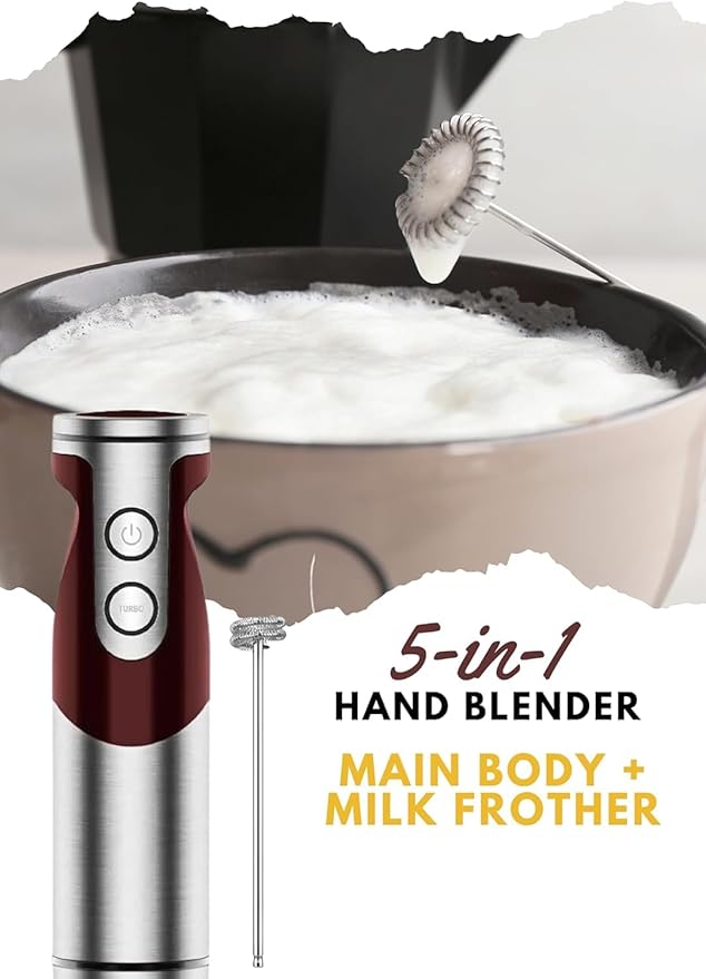 MegaWise Pro Titanium Reinforced 5 in1 Immersion Hand Blender, Powerful with 80% Sharper Blades, 12 Speed Corded Blender, Including 500ml Chopper, 600ml Beaker, Whisk and Milk Frother