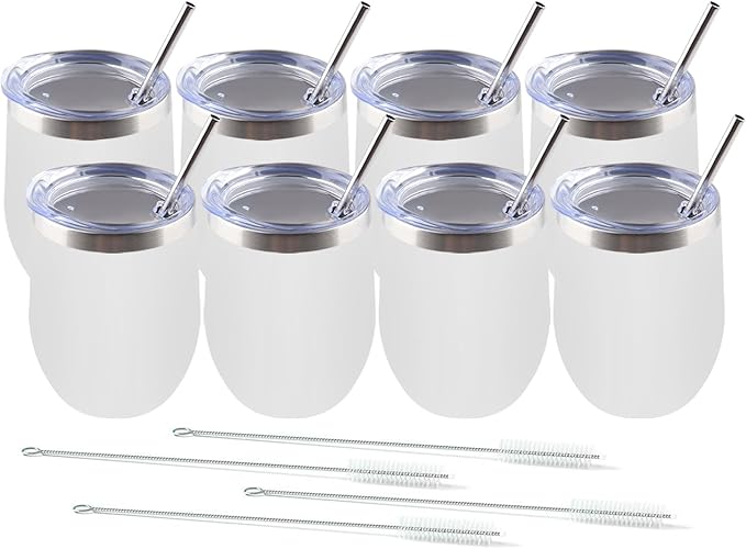 Amtidy 8 Pack Powder Coated Stainless Steel Tumbler with Lid,Equipped with straw and straw brush，12 oz Double Wall Vacuum Insulated Travel Tumbler Cup for Coffee, Wine, Cocktails