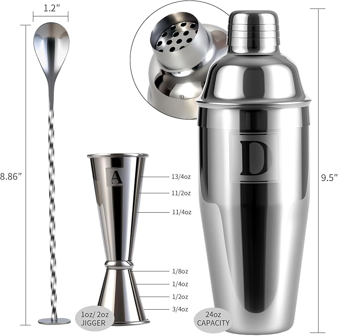 24oz Cocktail Shaker Set with 1 oz 2oz Jigger - Monogramm Initials Martini Shaker Set - 304 Stainless Steel Bar Shaker for Margarita,Mojito-Personalized Gift for Friend,Husband-N