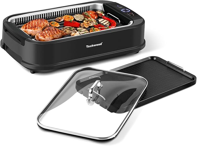 Techwood Indoor Grill Smokeless Grill, Electric Korean BBQ Grill with Glass Lid, Turbo Smoke Extractor Technology, Dishwasher-Safe Drip Tray & Nonstick Grilling Removable Plate, Black, 1500W