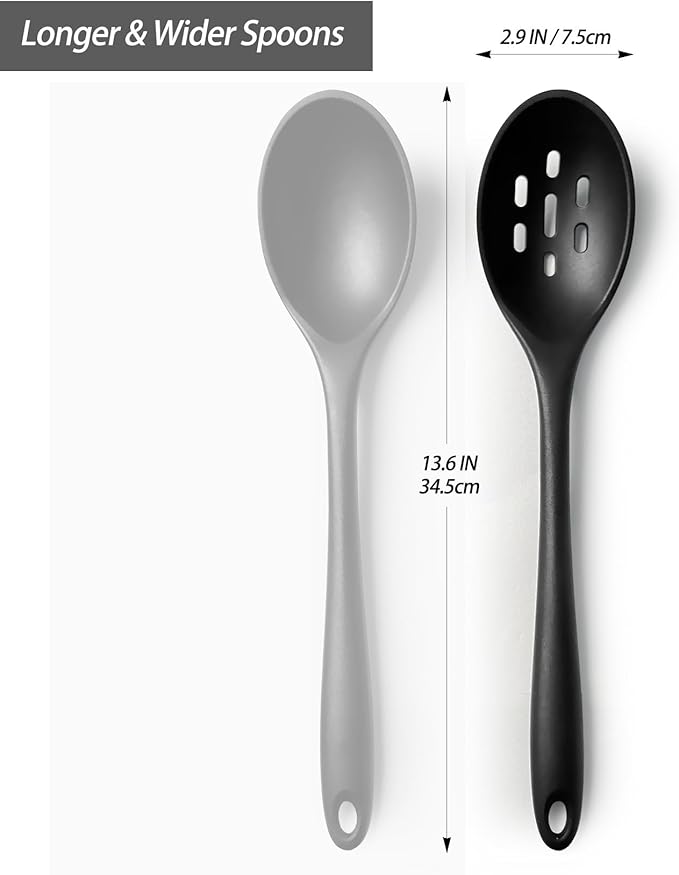 Silicone Slotted Spoons for Cooking - Extra Large Kitchen Spoons for Mixing, Serving, & Stirring - 600°F Heat-Resistant Non Stick Utensils Skimmer- Dishwasher Safe, Black