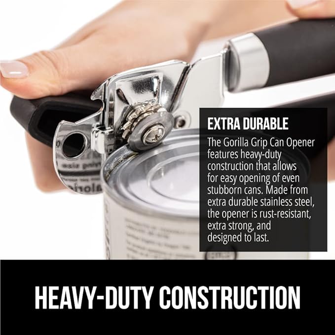 GORILLA GRIP Heavy Duty Stainless Steel Smooth Edge Manual Can Opener and Bottle Openers, Soft Comfortable Handle, Oversized Handheld Turn Knob, US Designed Multifunctional Kitchen Tool, Black