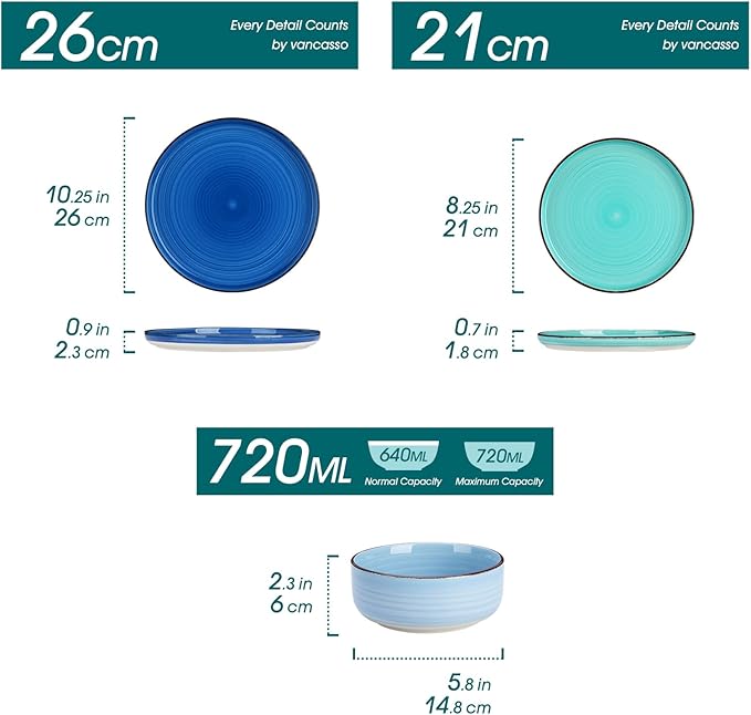 vancasso Bonita Dinnerware Sets 18 Pieces, Blue Stoneware Dishes Set for 6, Plates Set and Bowls Sets, Dishwasher and Microwave Safe