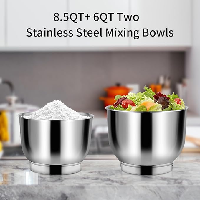 Aifeel Stand Mixer, 8.5QT+ 6QT Two Stainless Steel Bowls Electric Food Mixer, 7 in 1 Multifunctional Kitchen Mixer with Dough Hook, Whisk, Beater, Meat Grinder,Pasta & Cookie Maker-Red