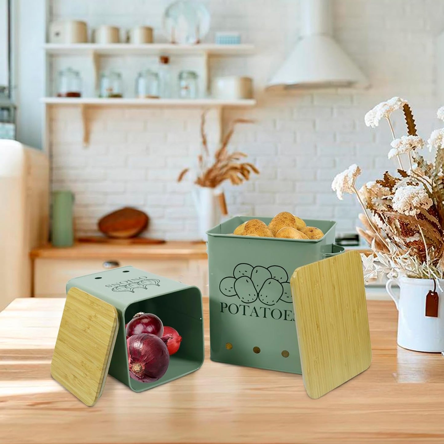 Kitchen Vegetable Storage Tins Set of 2 for Potatoes, Onion, with wooden lid Garlic Bin Caddy, Long Shelf Life-Grayish Green