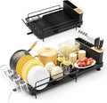 Large Dish Drying Rack, Multifunctional Dish Rack for Kitchen Counter, Expandable Dish Drainers with Drainboard Utensil Holder, Cup Holder, Black