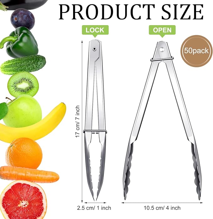Meanplan 50 Pcs Small Stainless Steel Kitchen Tongs 7 Inch Food Serving Tongs Metal Cooking Clips High Heat Resistant Clips with Sliding Rings for Buffet Food Cooking Salad Grilling, Silver