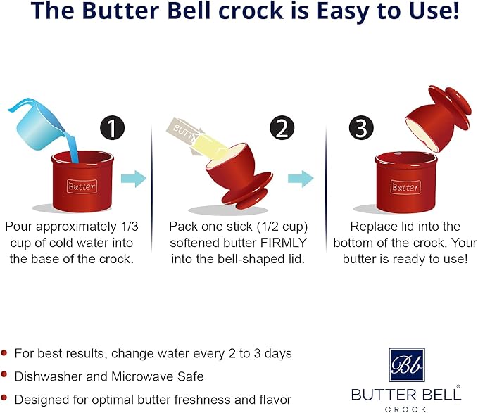Butter Bell - The Original Butter Bell crock by L Tremain, a Countertop French Ceramic Butter Dish Keeper for Spreadable Butter, Le Bistro, White with Blue Trim