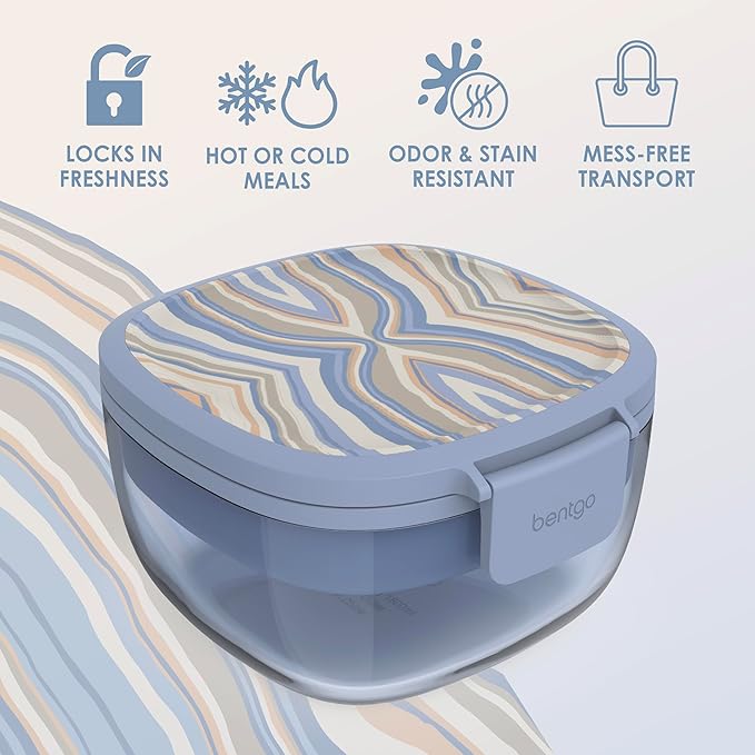 Bentgo Glass Prints All-in-One Salad Container - 61oz Tinted Glass Salad Bowl with Lid, Bento-Style Tray, Sauce Container, & Reusable Fork - Dishwasher & Microwave Safe (Wildly Chic - Soft Blue)