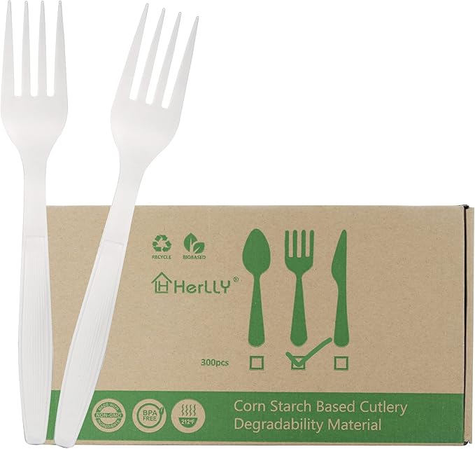 Compostable Forks,300 Disposable Forks for Party,Large Biodegradable Forks Eco Friendly Durable and Heat Resistant,Alternative to Plastic Forks