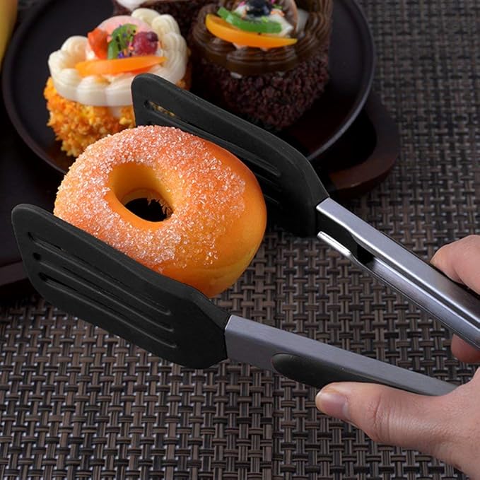 Cooking Tong 9 inches Stainless Steel Kitchen Silicone Serving Tong Heat Resistant Meat Turner Spatula Tongs Fish Tongs with Locking Handle Joint (Black)