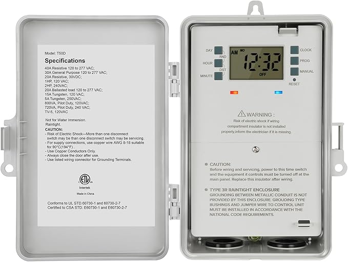 SURAIELEC Pool Timer, 7-Day Digital Pump Timer Switch, 40 AMP Heavy Duty, 120/240/277 VAC, 2HP Programmable Switch Box for Swimming Pool, Hot Water Heater, Lights, Outdoor/Indoor Use