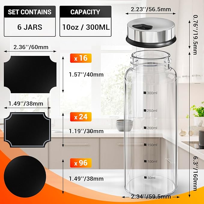 Segarty Spice Jar with Labels Set, 6 Pack 10oz Large Spice Jars with Shaker Lids, Empty Glass Spices Bottles for Salt Pepper Sugar, Seasoning Shakers with 136 Stickers, 1 Chalk Marker and 1 Brush