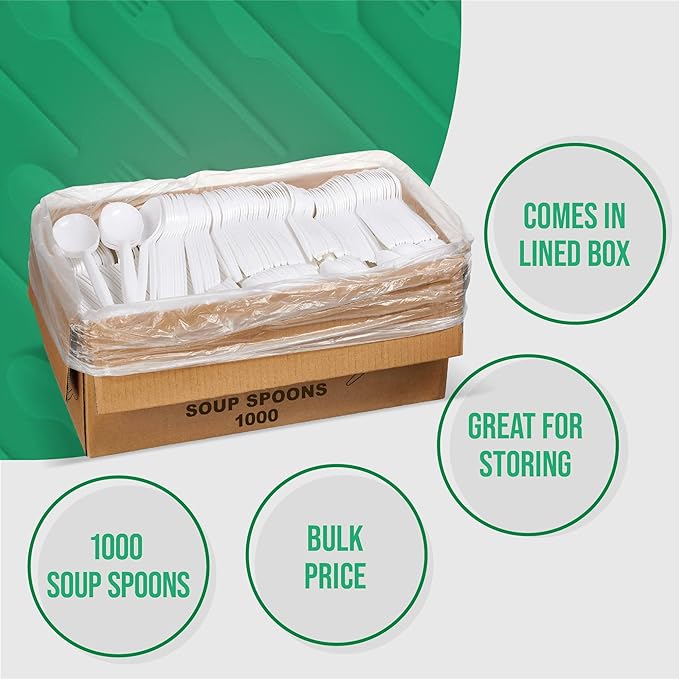 1,000 Plastic Disposable Soup Spoons Bulk White Medium Weight Disposable Silverware Plastic Cutlery Spoons