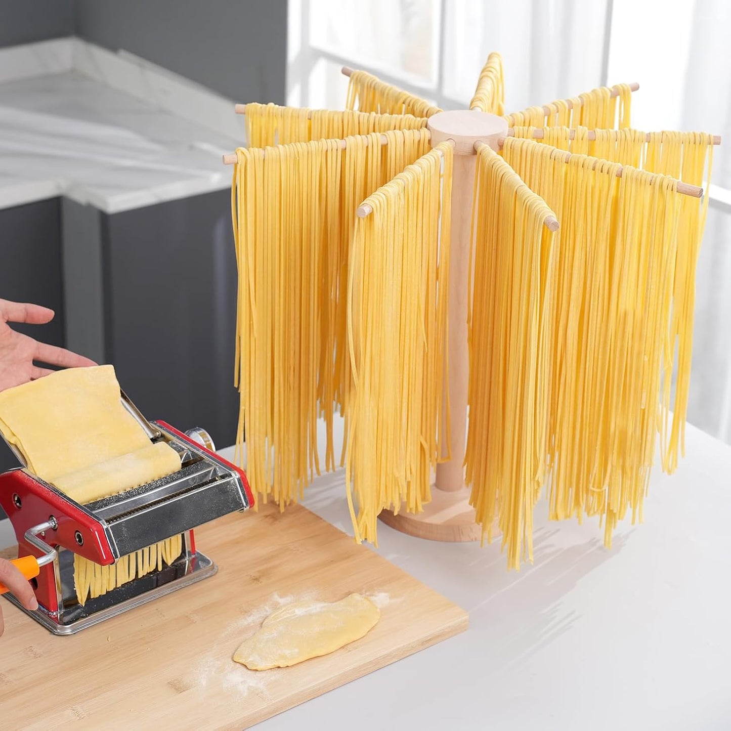 Pasta Drying Rack, Large Wood Pasta Rack Collapsible for Fresh Pasta Noodle Spaghetti Dryer Hanger Stand