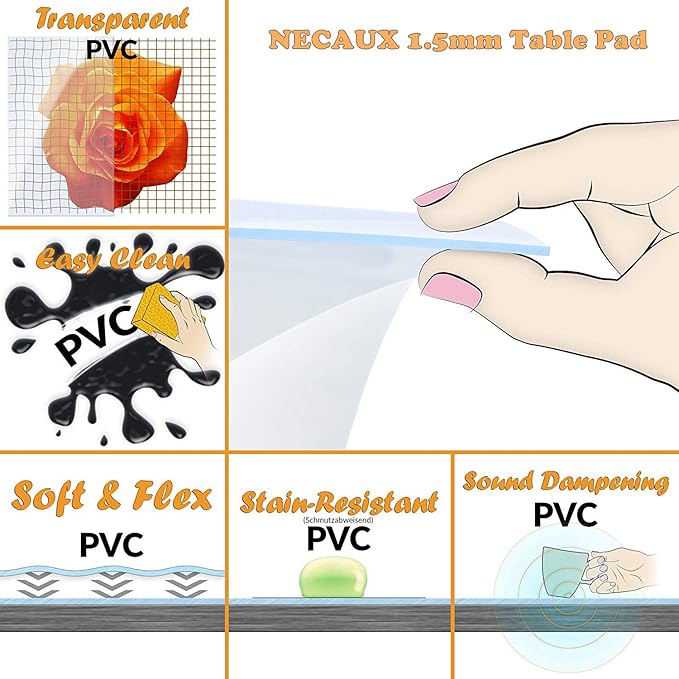 NECAUX Custom 38 x 84 Inch Frosted Table Cover Protector, 1.5mm Thick Wood Grain Transparent Table Pad Non-Slip Tablecloth Plastic Protective Pad for 7 Foot Dining Room Table, Meeting Table