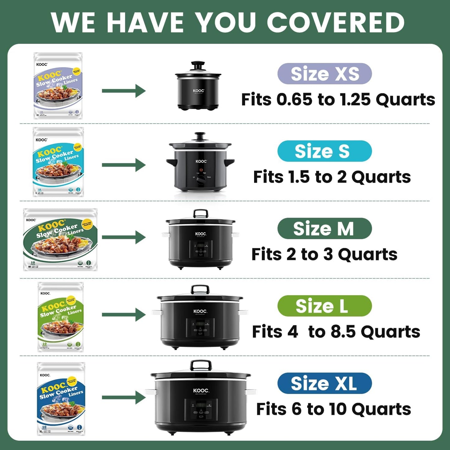 KOOC Slow Cooker Liners 11"x17" 10 count Middle Size Disposable Plastic Bags Pot Liners Cooking Bags Fit 3 qt to 4 qt Pot BPA Free