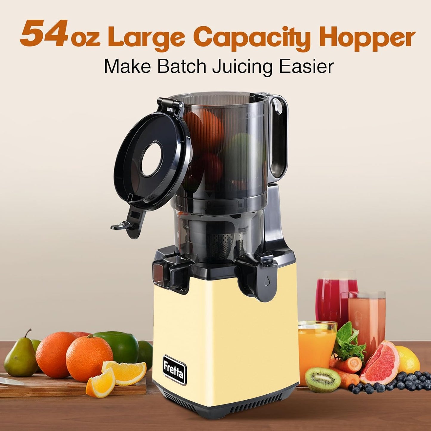 Cold Press Juicer Machines,Fretta 5.3'' Self Feeding Slow Masticating Juicers Fit Whole Fruits & Vegetable Easy Clean Juice Extractor,Tritan Material BPA Free 250W (Yellow)