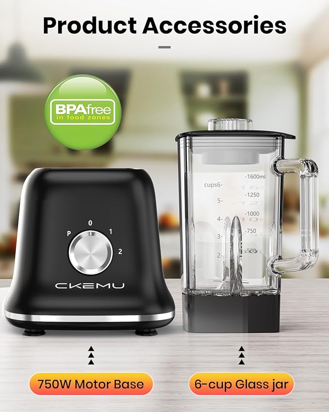 Professional Blender For Smoothies, 58 Oz Glass Jar, Glass Blender Including Puree & Crush Ice Functions, 750 Watts (Black)