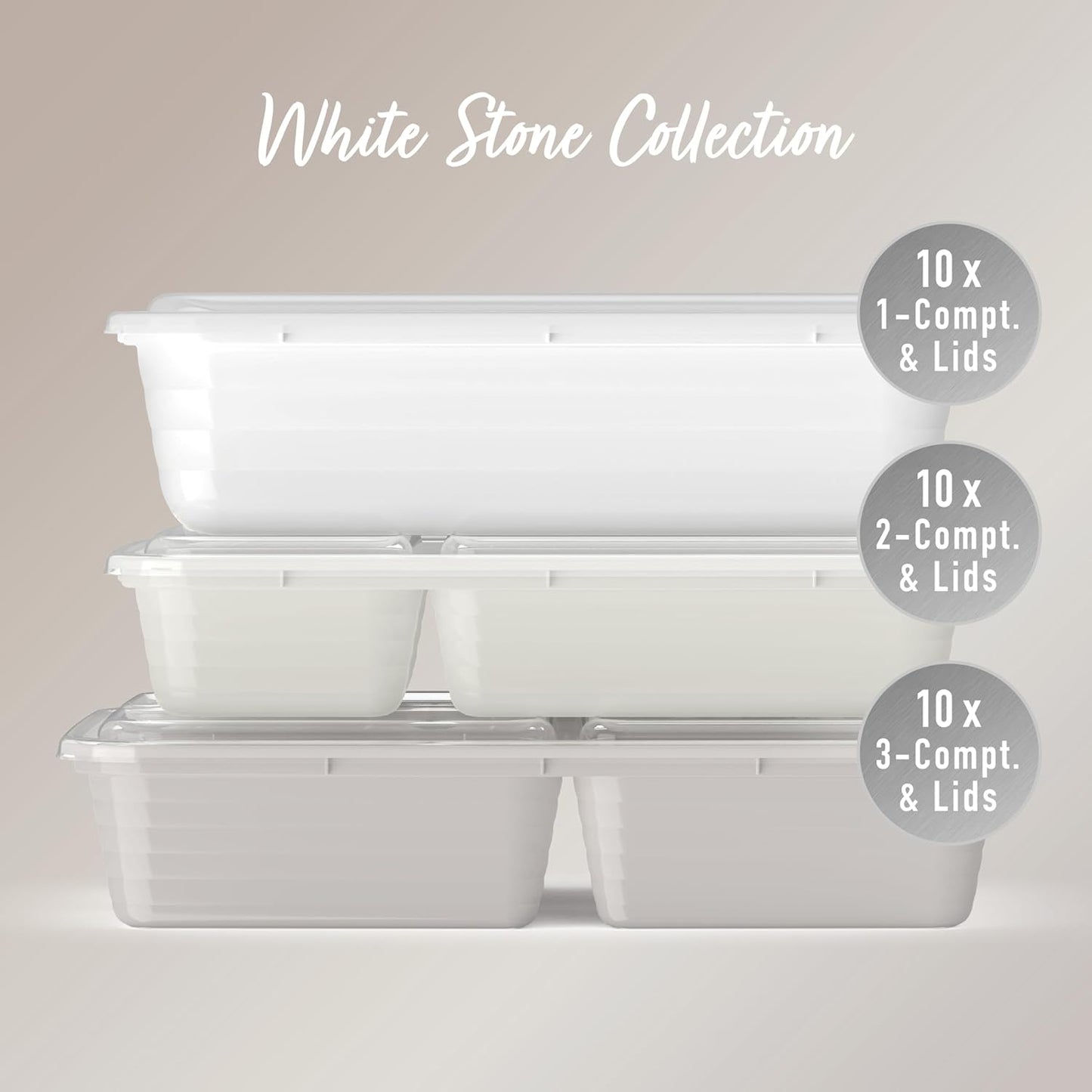 Bentgo Prep 60-Piece Meal Prep Kit - Reusable PFAS & BPA-Free Food Containers, 1-Compartment, 2-Compartment, & 3-Compartments - Microwave, Freezer, & Dishwasher Safe (White Stone)