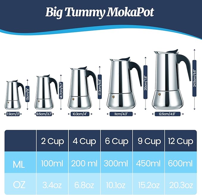 2 Cup Moka Pot Stainless Steel 100ml Italian Espresso Coffee Maker Stovetop CoffeeMakers Mocha Pot Percolator for Induction Stove Classic Cafe Makers Portable for Easy Brewing Tummy
