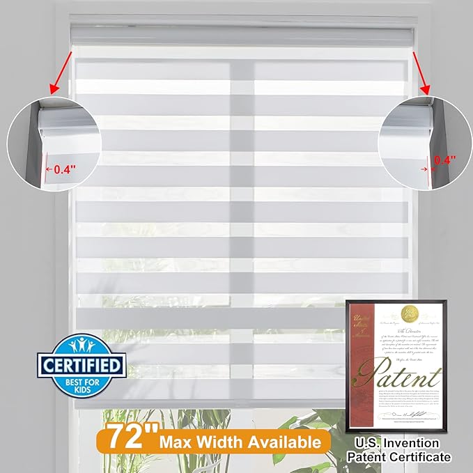 Persilux Cordless Zebra Blinds for Windows Free-Stop Roller Shades (30" W X 64" H, White) Dual Layer Light Cintrol for Day and Night, Light Filtering Sheer Shades for Home, Easy to Install