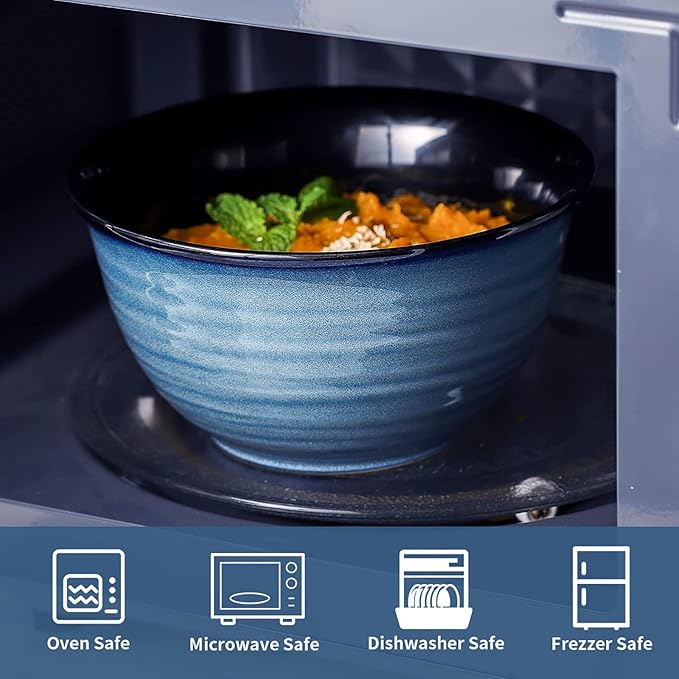 Hasense Ceramic Soup Bowls Set of 4, 40 Ounce Large Cereal Bowls for Kitchen, 7 Inch Serving Bowls for Salad Pasta Ramen Pho Popcorn, Dishwasher Microwave Safe, Navy Blue