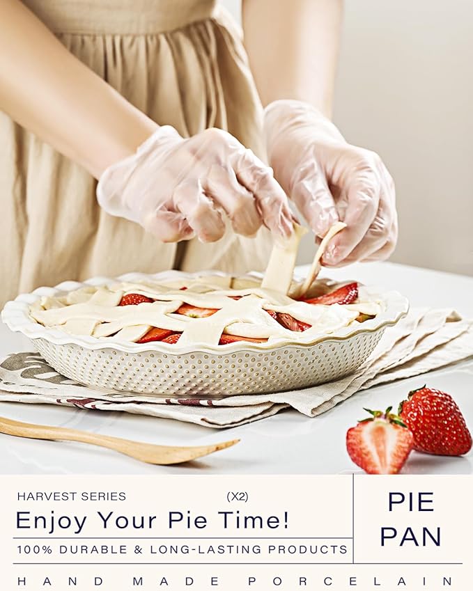 getstar Ceramic Pie Pan Set of 2, 9 inch Pie Dish for Baking, Non-Stick, Oven & Dishwasher Safe, Farmhouse Decor Quiche Baking Dish, Pie Plate, Deep Dish Pie Pan (Embossed Stripes+Dots)