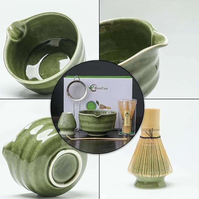 Matcha Set, Matcha Bowl with Spout, Matcha Whisk and Holder, Bamboo matcha Scoop and Stainless Sifter - 5 Pcs Jade Green Matcha Set Kit for Matcha Lover