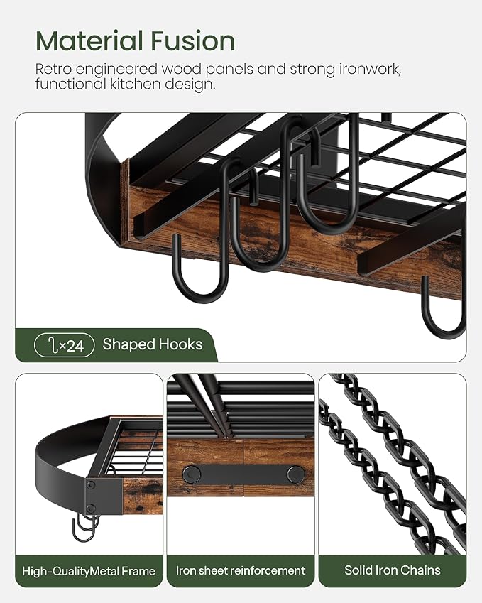 CHOEZON Hanging Pot Rack, Pot Hanger for Kitchen, Ceiling Mounted Pot Holder, Cookware Organizer with 24 S-Shaped Hooks, for Pot, Pan Storage, Space-Saving, Rustic Brown and Black TPR28BF