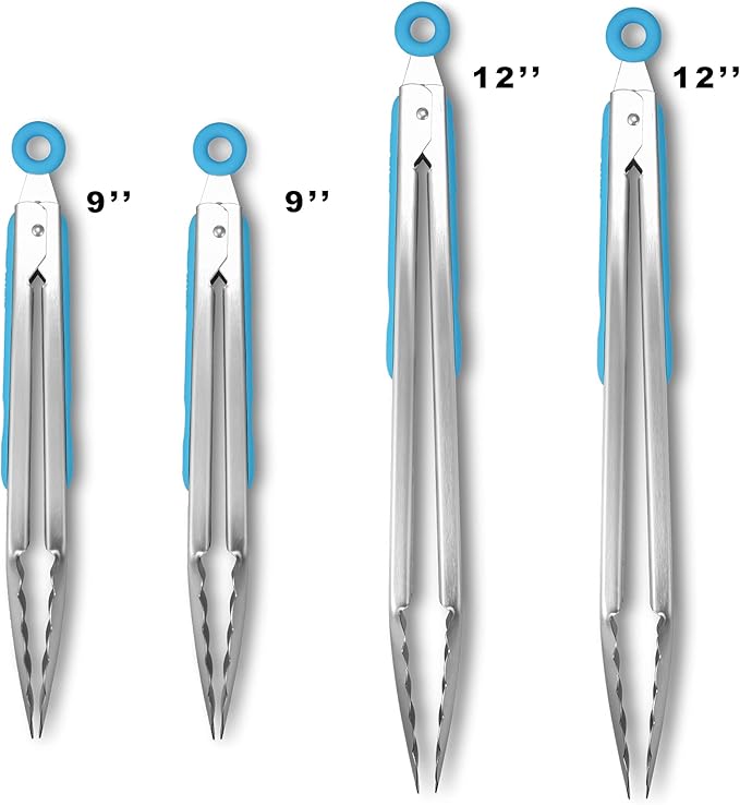304 Stainless Steel Kitchen Cooking Tongs,9" and 12" Set of 4 Sturdy Grilling Barbeque Brushed Locking Food Tongs with Ergonomic Grip, Blue