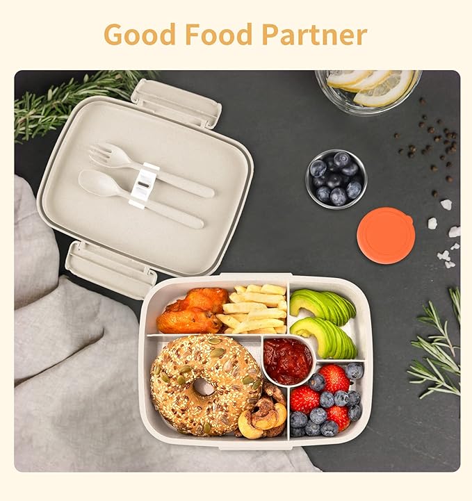 Bento Lunch Box, 5 Compartments Lunch Container for Kids/Adults with Snack cup, Wheat Fiber Eco-Friendly Double Insulated Boxes, Dishwasher and Microwave Safe, BPA-Free (White)