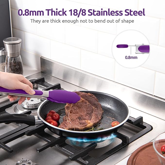Heat Resistant Silicone Kitchen Tong: U-Taste 9 inch 480ºF Hot Proof Cooking Tong with Firm Sealed Non Stick Rubber Tips & Silicon Coated Steel Handle & Smooth Locking for Serving Grill Salad (Purple)