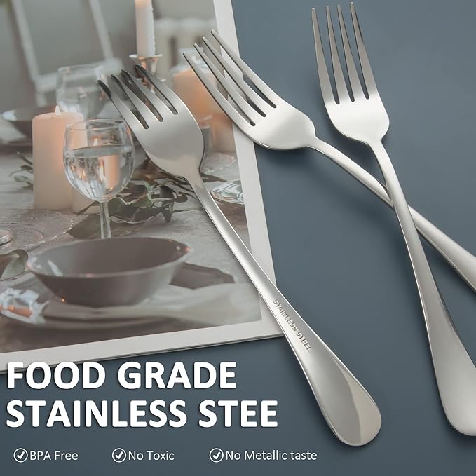 SANTUO Stainless Steel Dinner Forks Set - 12PCS Salad Forks Silverware with Round Handle, Mirror Finish & Dishwasher Safe, Use for Home, Kitchen or Restaurant - Silver 8 Inches