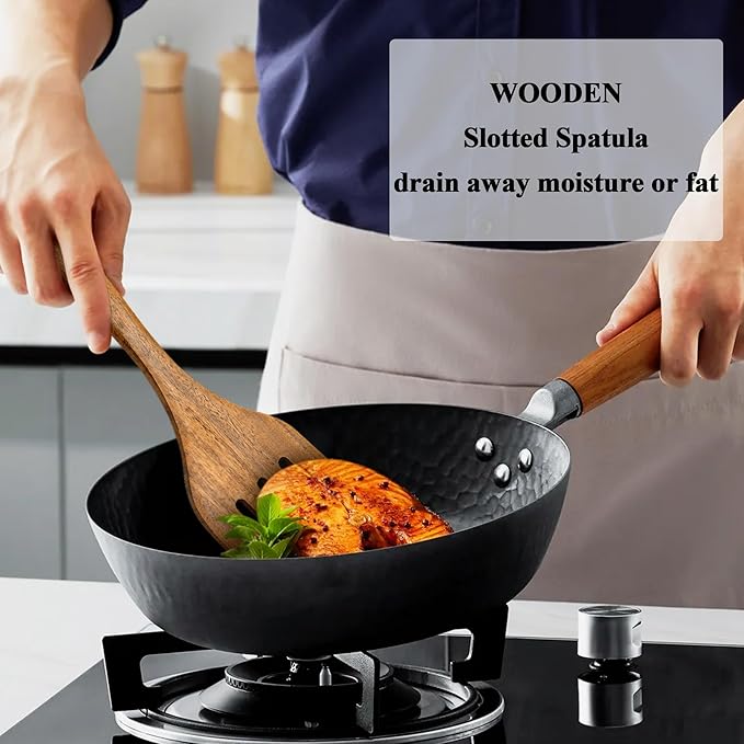 Wooden Spatula Nonstick Turner Acacia Wood, 12" Long Handle Flat Frying Spatulas Handmade for Kitchen Gifts, Ideal Cookware Utensils for Cooking Eggs, Fish, Pancakes, 2 Pack