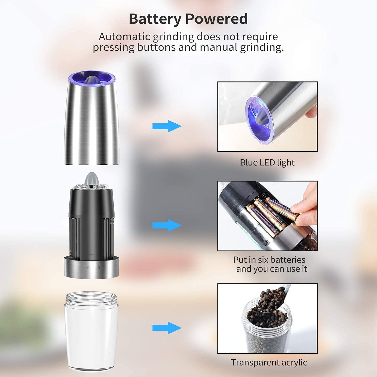 Gravity Electric Pepper and Salt Grinder Set, Adjustable Coarseness, Automatic Shakers Mill Grinder with LED Light, Battery Powered, Upgraded Larger Capacity, One Hand Operated (Sliver 2 Pack)