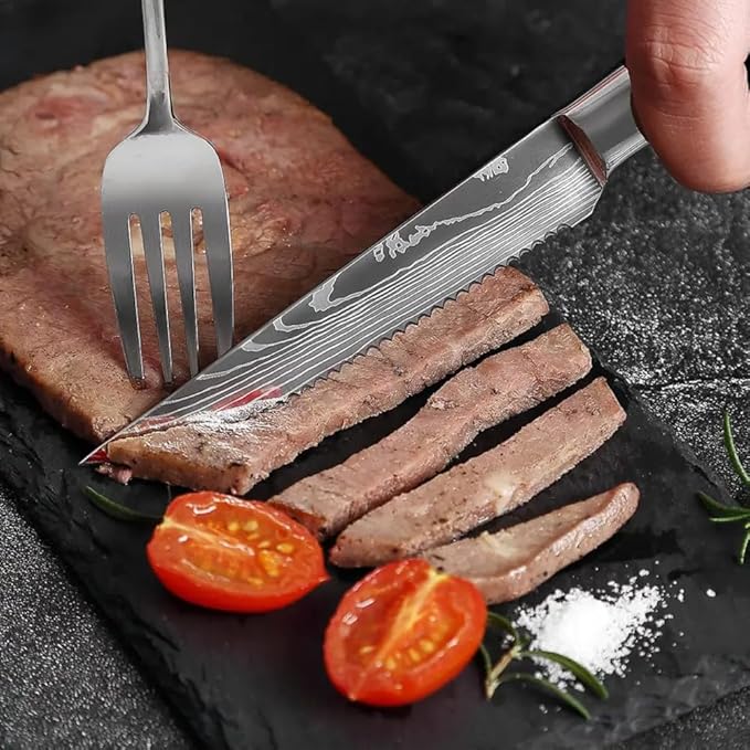 Majesty Series Professional Steak Knife Set with Damascus Pattern - Razor Sharp Serrated Stainless Steel with Wooden Handle (Set of 6 Steak Knives)
