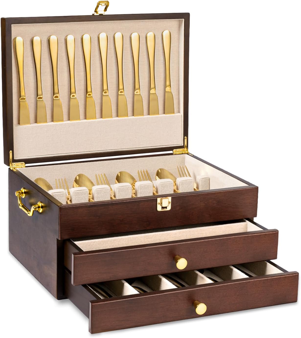 Silverware Storage Box, 3-Layer Flatware Storage Case with Drawer, Wooden Silverware Chest with Handle and Linen Liner, Rustic Silverware Case for Storing Fine Flatware and Utensils (Walnut)