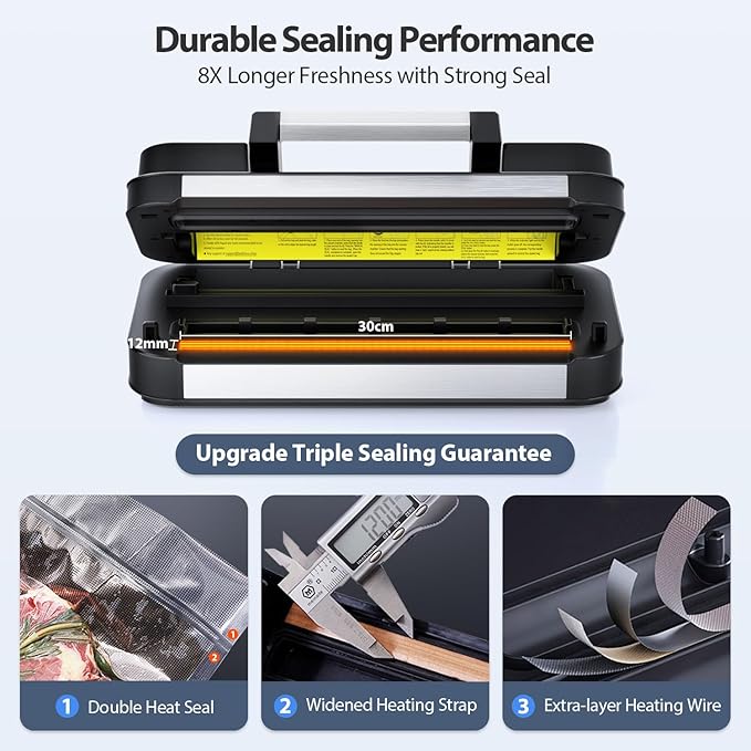 95Kpa Powerful Precision Pro Vacuum Sealer, with Double Heat Seal & Double Pump, Easy-Lock Handle, 10-in-1 Vacuum Sealer Machine for Food with Bags Storage, Built-in Cutter, Stainless Steel