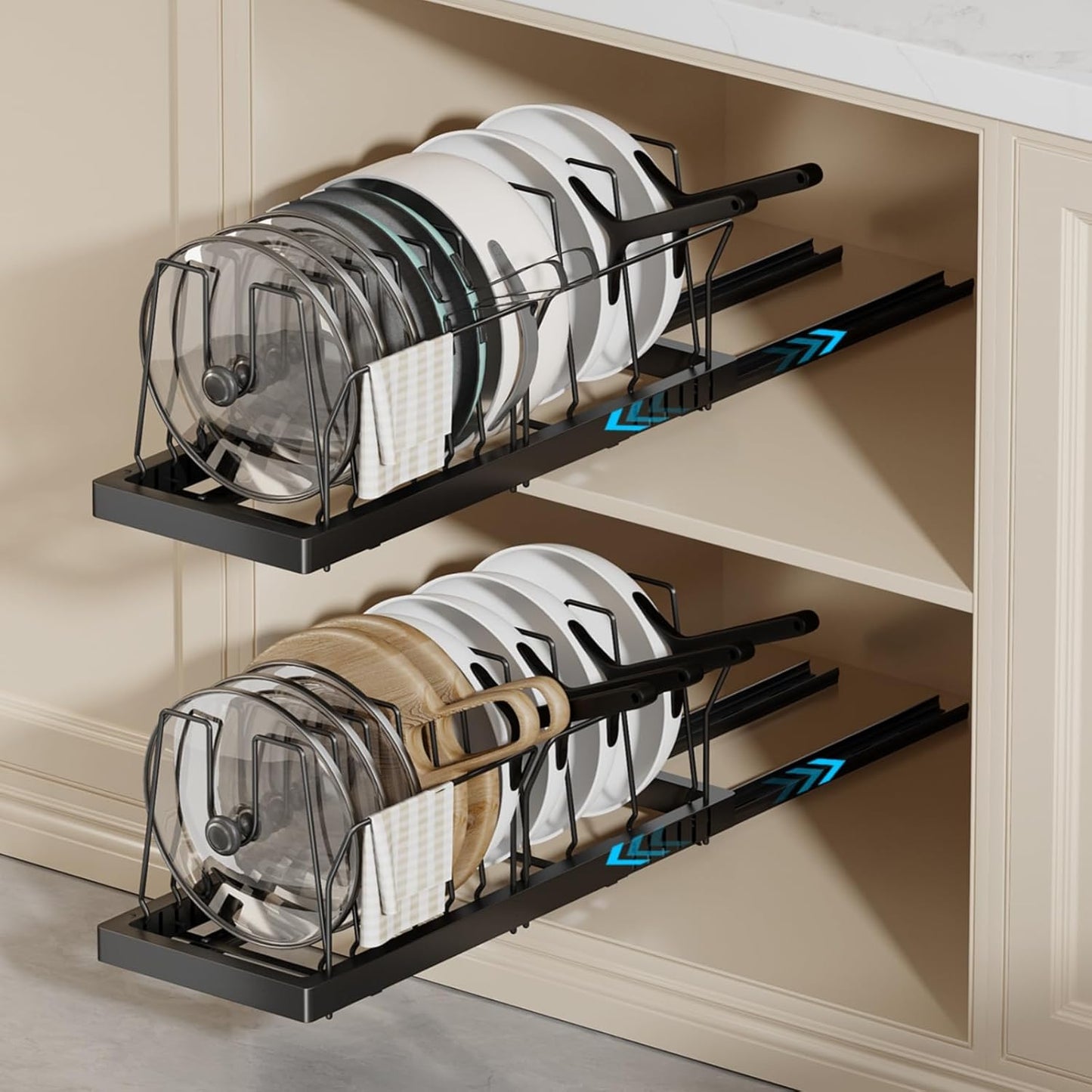 2 Pack Pots and Pans Organizer Under Cabinet, 22" Deep Expandable Pull Out Pot Lid Organizer and Storage with 10 Adjustable Dividers No Drill Pot and Pan Holder Rack with Handle Bracket(Black)
