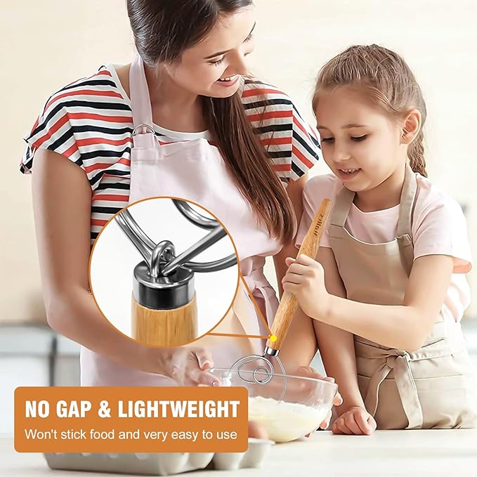 Walfos Wood Danish Dough Whisk, Wooden Sourdough Mixer With Stainless Steel Ring, Kitchen Hand Bread Whisking Tool for Cake, Pizza, Pastry, Biscuits