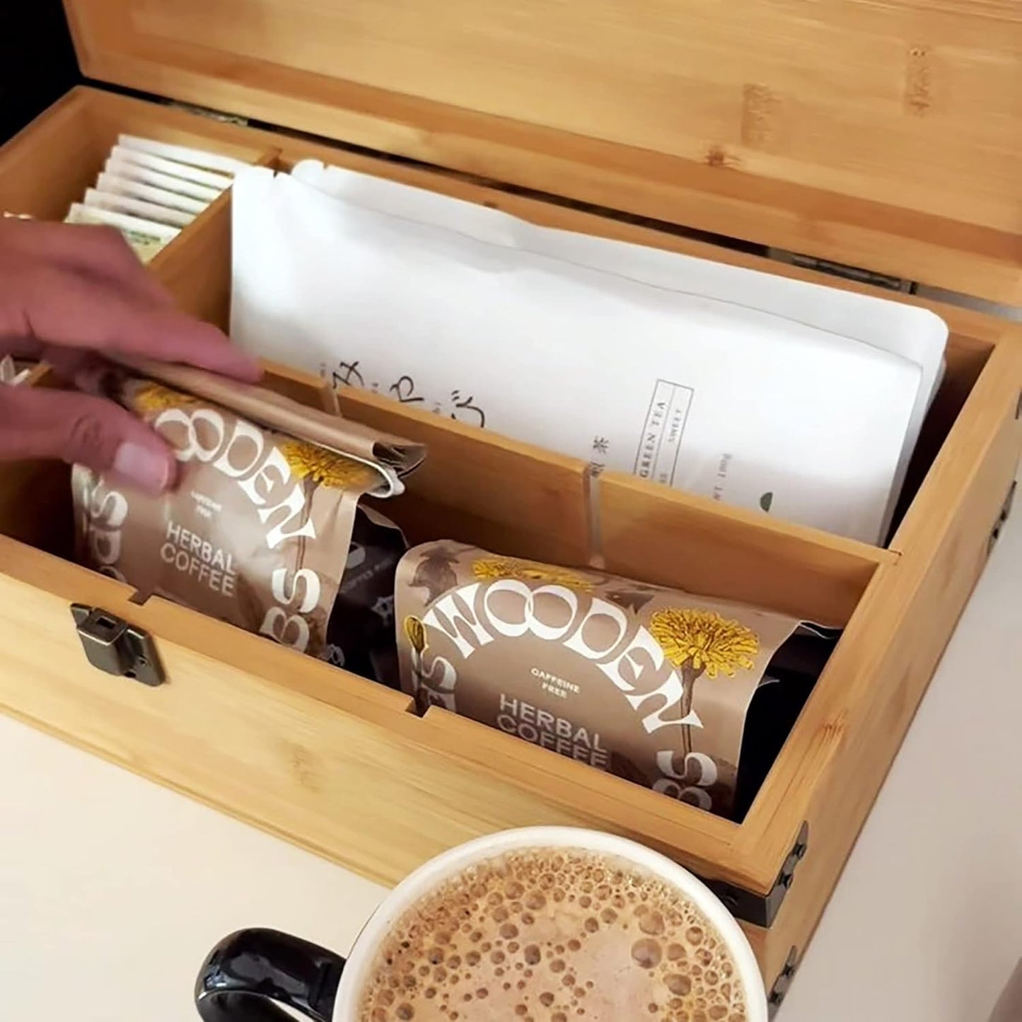 Bamboo Tea Organizer Box Chemical Free Eco-Friendly Big, Tall, Adjustable Cubbies Natural Wooden Storage Chest (6-Slot 11" x 8.1" x 4.2" with Tea Leaf design)