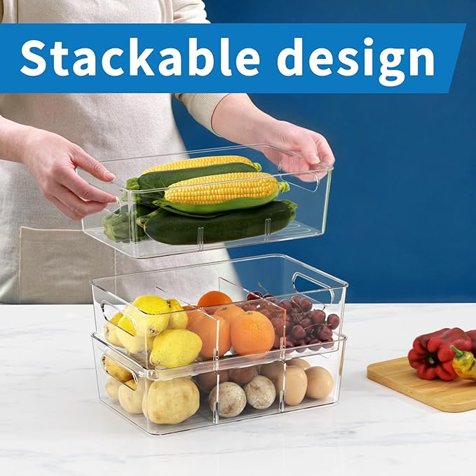 Pantry Organizers and Storage , 8 Pack Snack Organizer for Pantry Shelf,Food Storage Bins with Divider,Clear Containers for Organizing,Transparent Plastic Basket,Refrigerator and Fridge Bins