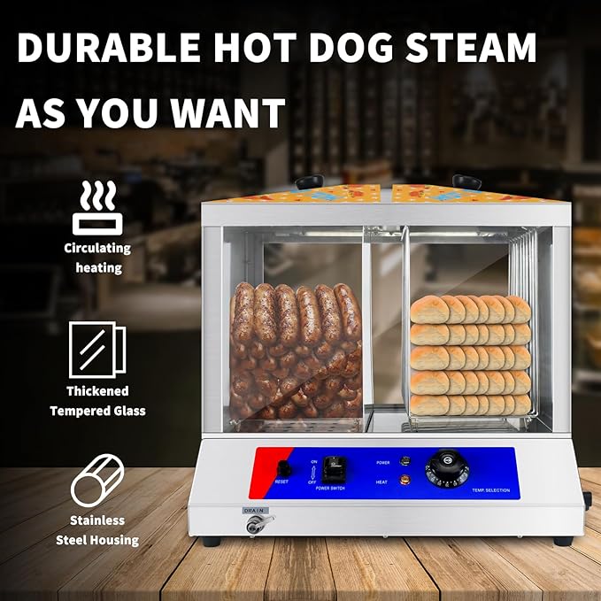 Hot Dog Steamer 36L Hot Dogs Buns Steamer for 100 Hot Dogs & 50 Electric Bun Warmer Cooker with Thickened Tempered Glass Stainless Steel